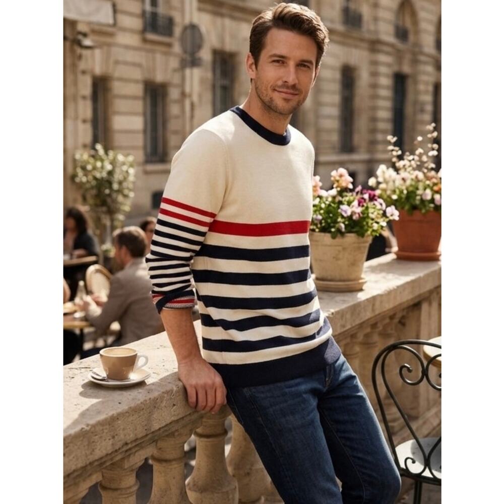 Maison Kitsuné SS17 Striped Wool Sweater Navy/Cream/Red Size L